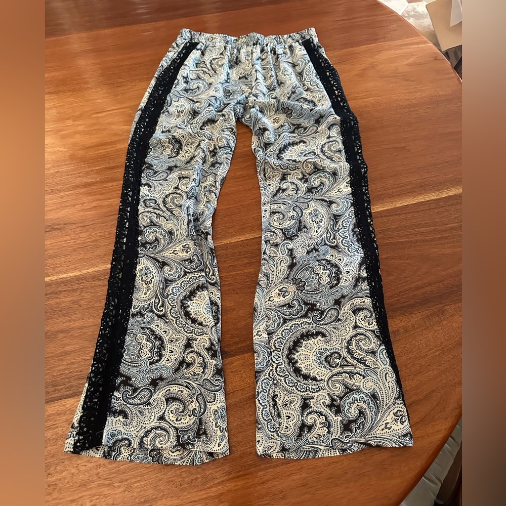 GOLD HAWK Indigo Silk Pants, Tuxedo Style Black Trim, Elasticized Waist.